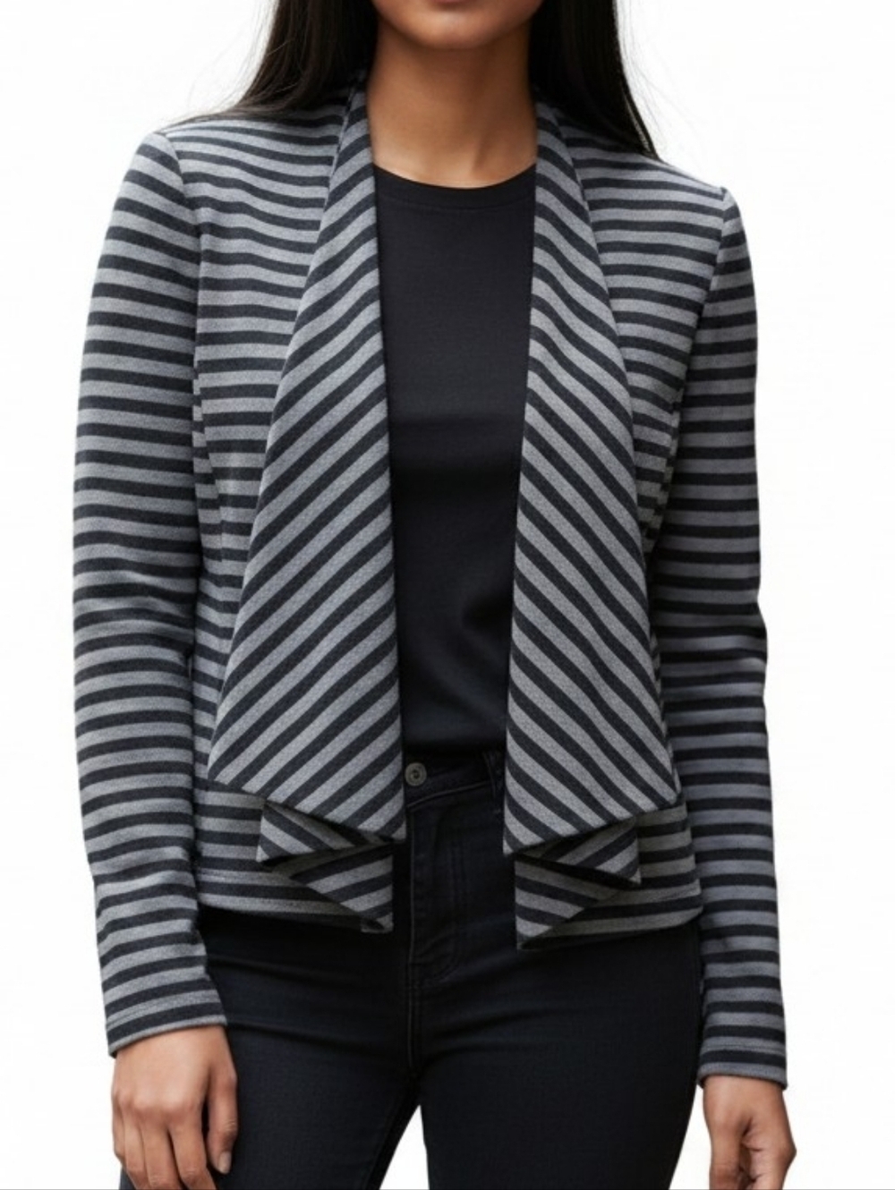 Tahari ASL Blazer Women Size 6P Black Gray Striped Waterfall Open 1 Hood & Eye